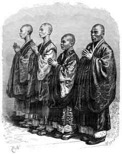 Bouddhistes en prière, Japon, 19e siècle - A. de Neuville