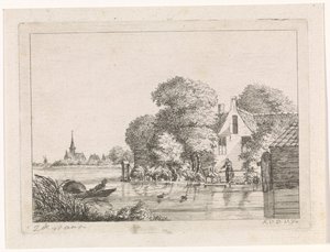 Pêcheur et une femme devant une maison - A. van de Velde