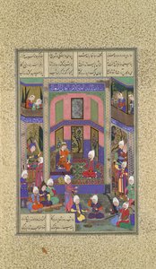Manuchihr accueille Sam mais ordonne la guerre contre Mihrab, Folio 80v du Shahnama, vers 1525 - 