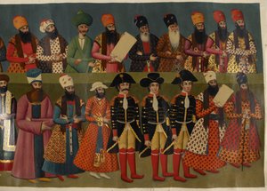Add Or. 1241 La Cour de Fath Ali Shah avec les envoyés britanniques Sir John Malcolm, Sir Harford Jones Brydges, et Sir Gore Ouseley. Image partielle de la fresque du Palais Nigaristan - Abdallah (after) Khan