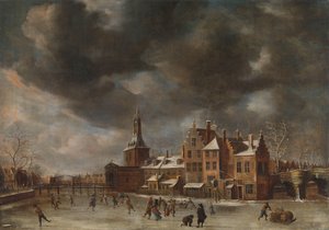 La Blauwpoort à Leiden en hiver - Abraham Beerstraten