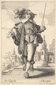 Un gentleman marchant en avant, avec son bras droit tendu et un fouet dans la main gauche, 1629 - Abraham Bosse