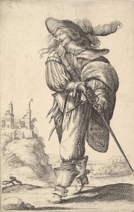 Un gentleman, marchant vers la gauche et tirant son épée du fourreau, portant un chapeau à plumes, 1629 - Abraham Bosse