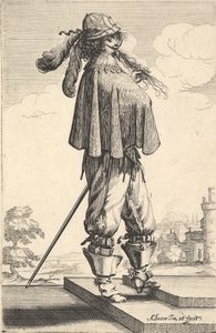 Un gentleman portant un manteau court, un casque et des bottes avec éperons, debout sur les marches et..., 1629