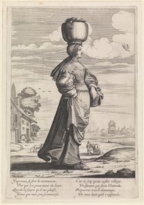 Femme marchant vers la droite dans un paysage, portant un pot sur la tête - Abraham Bosse