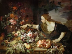 Femme avec des fleurs et des fruits
