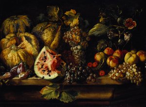 Nature morte de pastèque, raisins, prunes, pêches, cerises et autres fruits sur un rebord
