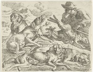 Quatre chiens, un chasseur et un lièvre - Abraham Danielsz. Hondius