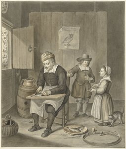 Intérieur avec un homme nettoyant des poissons et deux enfants - Abraham Delfos