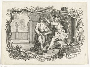 Minerva récompense ou honore un homme pour son travail, dans une cartouche - Abraham Delfos