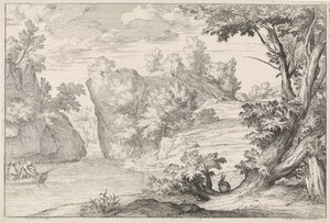 Paysage fluvial avec un lièvre