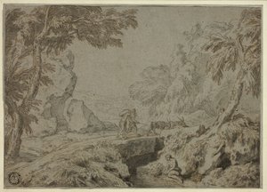 Paysage avec satyre, chèvres et autres figures - Abraham Genoels II