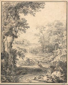 Paysage fluvial avec deux personnages au premier plan, château au loin - Abraham Genoels II