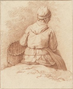 Femme de pêcheur assise avec un panier au bras, vue de dos