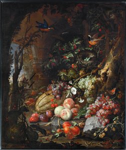 Fleurs, fruits, oiseaux et insectes dans un paysage avec ruines … - Abraham Mignon