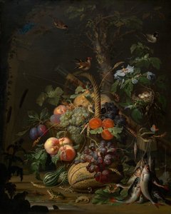 Nature morte avec fruits, poisson et nid