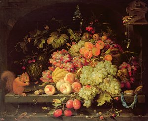 Nature morte avec fruits, écureuil et chardonneret