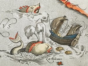 (Détail). Monstres marins attaquant un navire. - Abraham Ortelius
