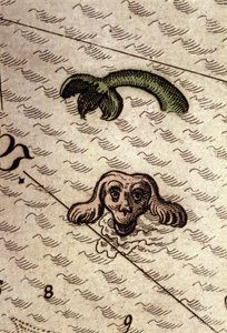 Un monstre marin a une tête de chien et un corps de poisson. Détail d