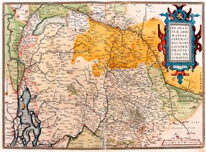 Brabantiae Germaniae Inferioris Nobilissimmae Provinciae Descriptio Carte géographique du territoire sud des Pays-Bas germaniques (Kempeland) tirée de « Theatrum Orbis Terrarum » par Abraham Ortelius (Oertel, Ortell ou Ortel)