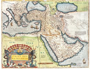 Croatie, Roumanie, Bosnie-Herzégovine, Serbie, Bulgarie, Monténégro, Kosovo, Albanie, Macédoine, Grèce, Turquie, Russie du Sud, Géorgie, Azerbaïdjan, Arménie, Iran, Irak, Syrie, Liban, Israël, Jordanie, Arabie Saoudite, Koweït, Qatar, Bahreïn, Émirats arab - Abraham Ortelius