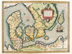 Daniae regni Typus Carte géographique du territoire du Danemark et du sud de la Suède de « Theatrum Orbis Terrarum » par Abraham Ortelius (Oertel, Ortell ou Ortel)