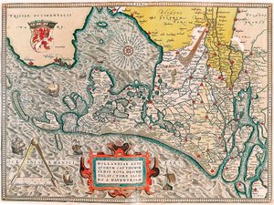 Hollandiae antiquorum catthorum sedis nova descriptio, auctore lacobo a daventria Carte géographique du territoire des Pays-Bas avec les villes d