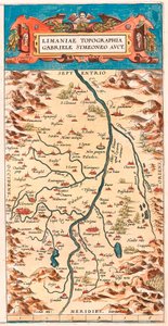 Limaniae topographed Gabriele Symeoneo Avct. Carte géographique du territoire de la Loire avec les châteaux et villes bordant le fleuve (Beaumont, Aigueperse, Clermont et Montferan (Montferrand), Beauregard, Cignac, Montaigu, Puy Guillaume...) tirée de « T - Abraham Ortelius