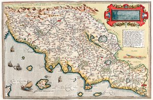 Thusciae. Descriptio auctore Hieronymo Bellamarto. Carte géographique du territoire de la Toscane en Italie du "Theatrum Orbis Terrarum" par Abraham Ortelius (Oertel, Ortell ou Ortel)