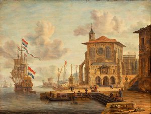 Scène de port avec bâtiment médiéval