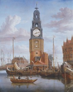 Vue de la tour Haringspacker à Amsterdam, avec une horloge fonctionnelle intégrée dans la peinture, 1684 - Abraham Storck