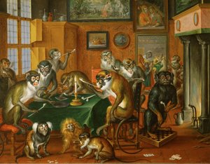 Tabakskollegium von Affen -Smoking party of monkeys ... (huile sur cuivre)