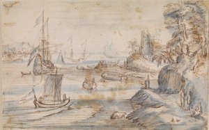 Paysage côtier avec plusieurs navires, une haute côte avec plusieurs figures - Abraham Willaerts