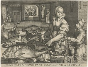 Nature morte de cuisine avec une femme nettoyant du poisson - Abraham van Lier