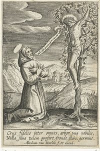 Saint agenouillé devant le Christ en croix