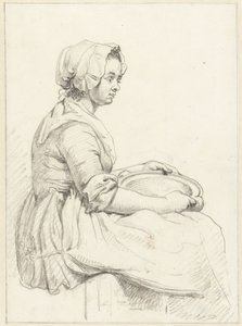 Femme assise avec un plat sur ses genoux, vers la droite