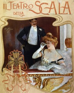 Un couple dans une loge au Teatro alla Scala. La jeune femme observe la scène avec une paire de jumelles. Illustration d