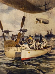 Dirigeables ravitaillant des cuirassés pendant leur voyage, illustration par Achille Beltrame, La Domenica del Corriere, 5 mai 1910 - Achille Beltrame