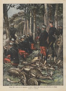 Alphonse XIII à la chasse avec un bataillon de soldats de Madrid dans la forêt royale de Rio Frio à La Granja