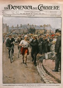 Arrivée de Dorando Pietri (1885-1942) au marathon, Jeux olympiques de Londres, illustration par Achille Beltrame de La Domenica del Corriere, 2-9 août