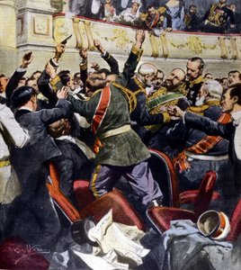 Attentat contre le ministre russe Stolypine au théâtre municipal de Kiev. Illustration de Beltrame