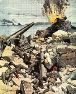 Bataille des Dardanelles, la flotte anglo-française détruit les forts des Dardanelles pour franchir le détroit et arriver à Constantinople, illustration de La Domenica del Corriere, 14-21 mars - Achille Beltrame