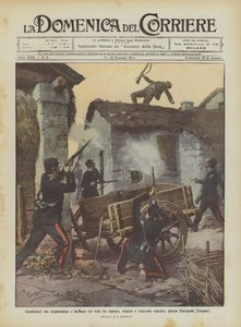 Carabiniers surprenant et fusillant sur les toits un chevrier, meurtrier redouté et recherché, près de Partanna (Trapani)