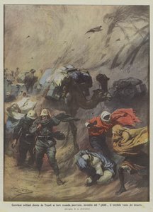 Caravanes militaires en route de Tripoli aux forts apportant des provisions, frappées par le ghibli, le terrible vent du désert