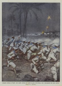 Conquête italienne de Tripoli, assaut nocturne vain des Turcs aux puits de Bu-Meliana défendus - Achille Beltrame