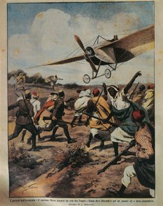 Illustration de couverture du capitaine Moizo tentant un atterrissage forcé pendant la campagne africaine, par Achille Beltrame, de La Domenica del Corriere, 22 septembre 1912