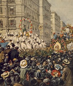 Foules pendant le carnaval à Naples, par Achille Beltrame, illustration, Illustrateur Achille Beltrame (1871-1945), de La Domenica del Corriere, 31 janvier 1904 - Achille Beltrame