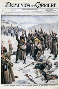 Défaite de la dixième armée russe en Prusse orientale : soldats russes levant les bras en signe de reddition, planche par Achille Beltrame de La Domenica del Corriere, 28 février-7 mars 1915