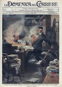 Mort dans son laboratoire à Naples par Giuseppe Mercalli (1850-1914), sismologue et volcanologue italien. Illustration par Achille Beltrame pour « La domenica del corriere ». 1914 - Achille Beltrame