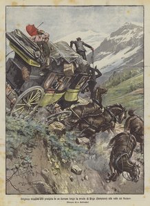 Diligence suisse qui tombe dans un ravin le long de la route de Brigue (Simplon) à la vallée du Rhône
